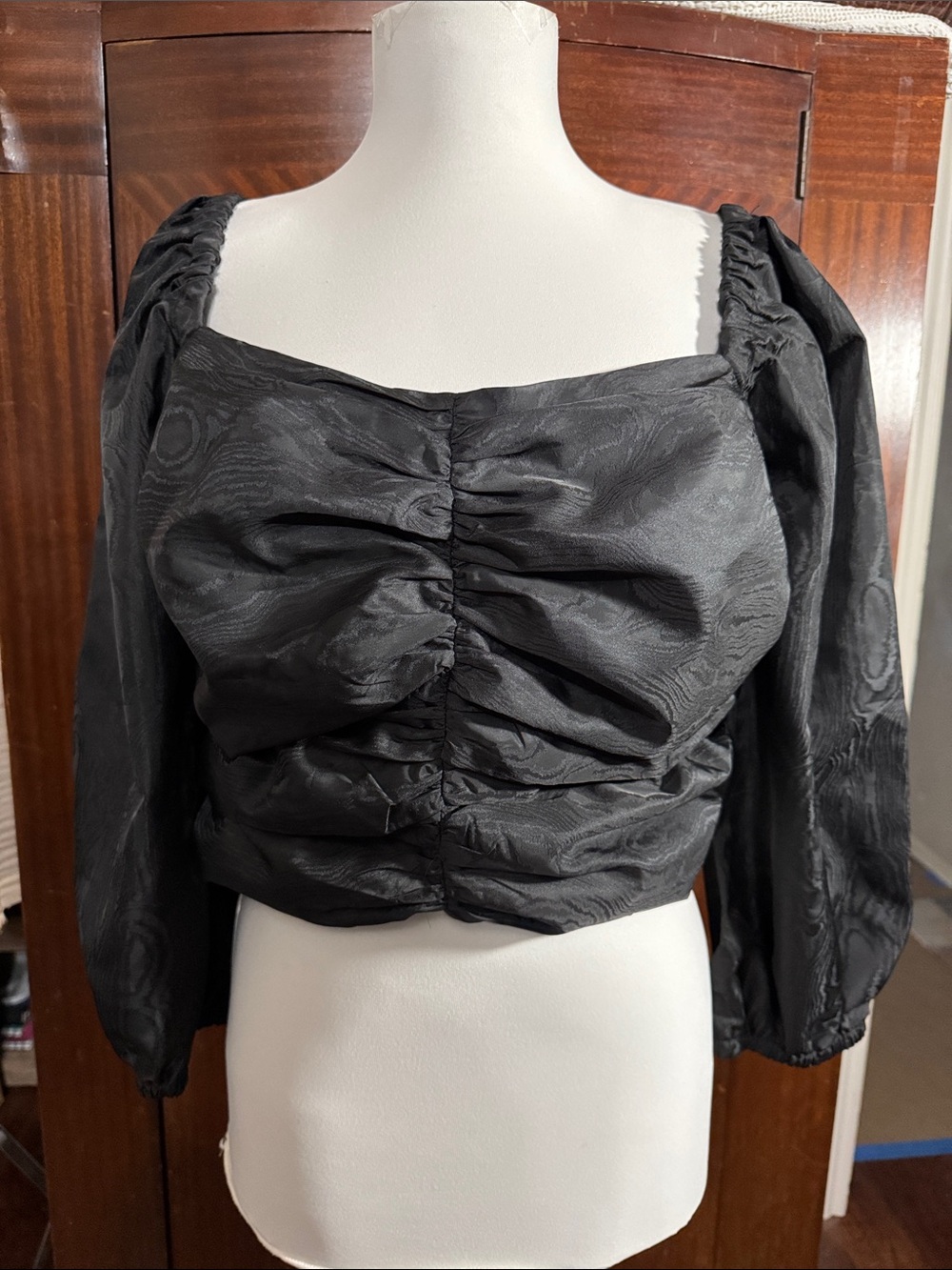 J. Crew Black Ruched Puff-Sleeve Crop Blouse